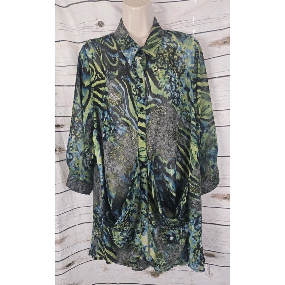 IC by Connie K Green Sheer Top L Lagenlook Animal Print Button Up 3/4 Sleeves